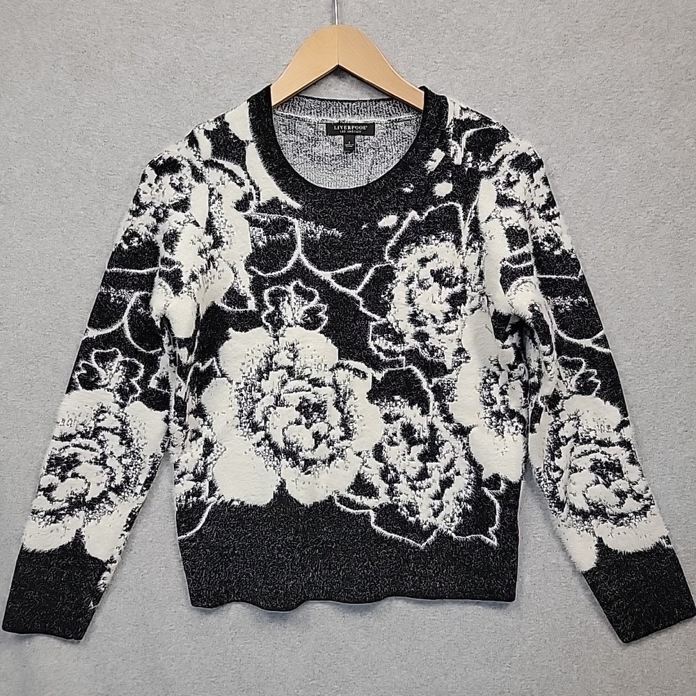 LIVERPOOL Los Angeles Black White Floral Long Sleeve Sweater Women‎ Sz Small EUC